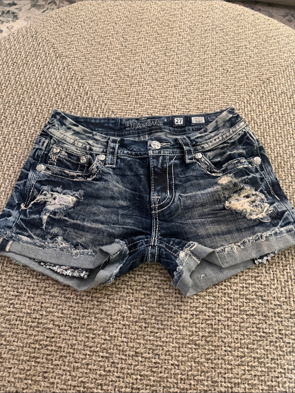 Miss Me Distressed Dark Blue Denim Cuffed Shorts